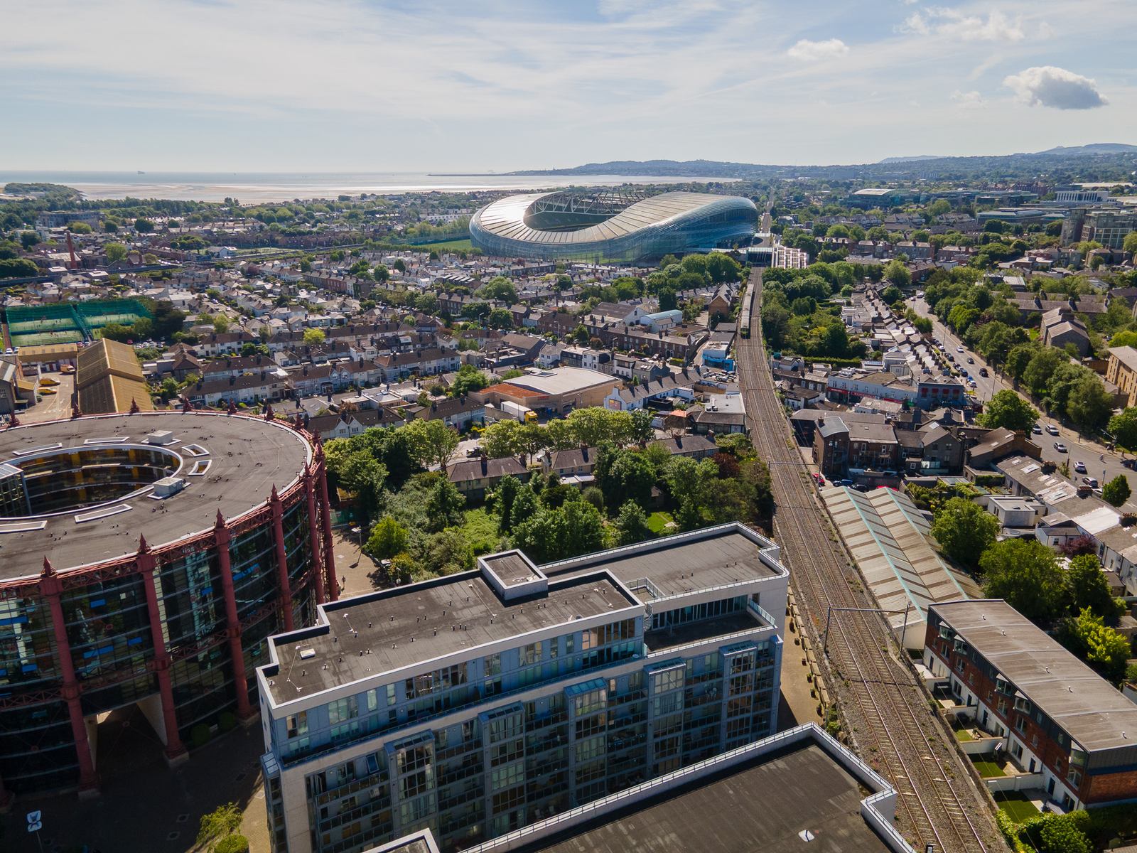 Aerial view over Dublin city with Aviva Stadium